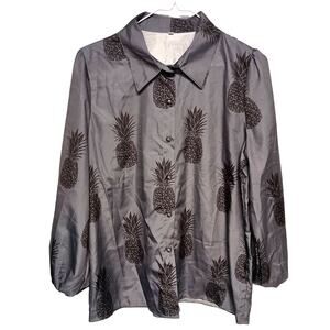 NWOT Pineapple Print Long Sleeve Button Up Blouse - Gray, Size L